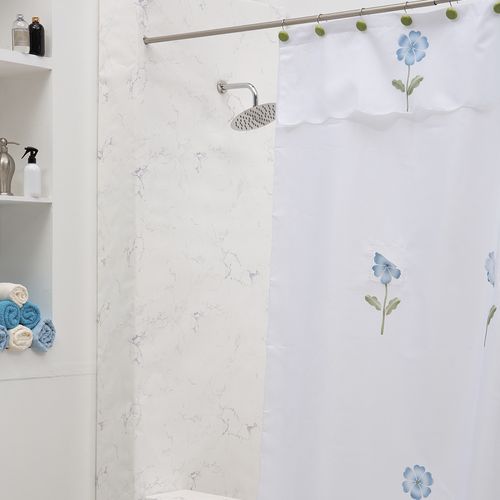 Cortina De Baño Estampada Flor Trébol Azul
